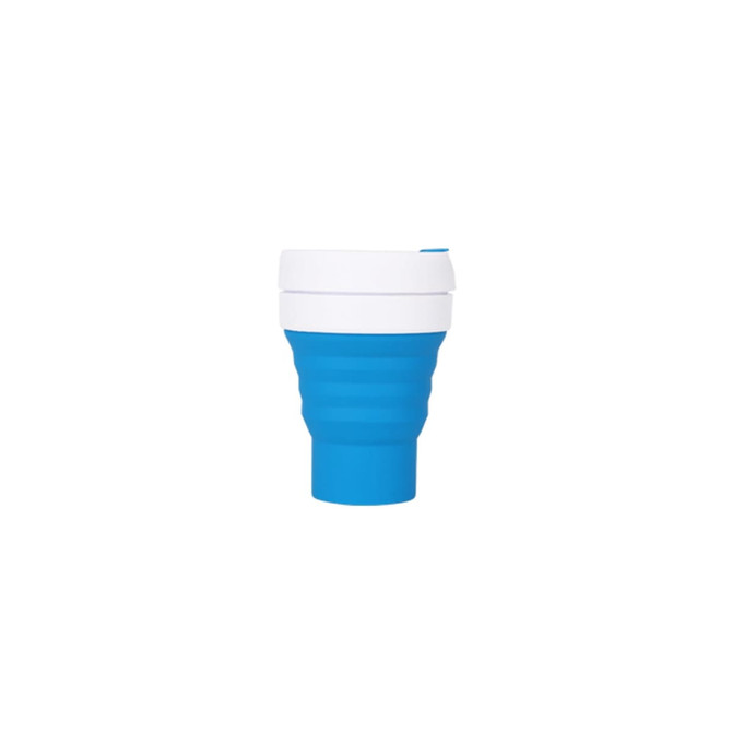 A reusable 355ml collapsible silicone coffee cup in blue and white, featuring a logo on the side.