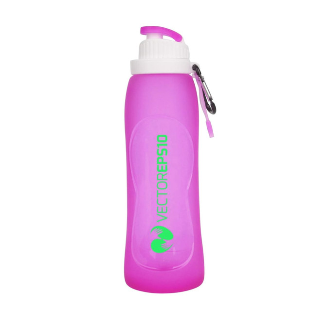 A drink bottle in pink silicone with a white lid and a carabiner, featuring a logo on the side.