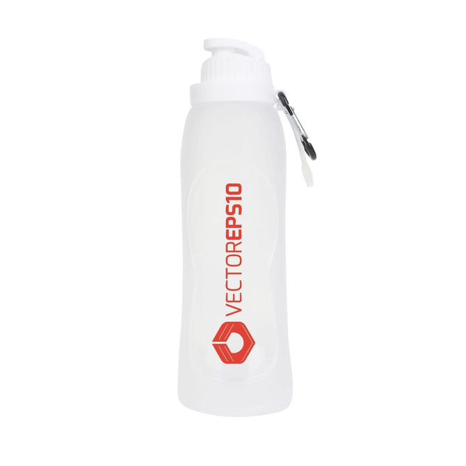 A drink bottle in clear silicone with a red logo and a flip-top cap, designed for collapsibility.