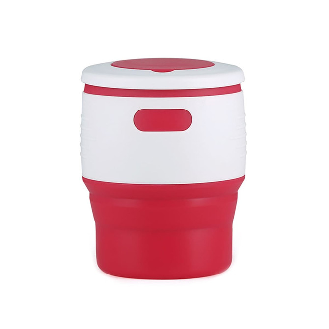 A drink bottle with a red and white design, featuring a collapsible silicone structure and a lid.
