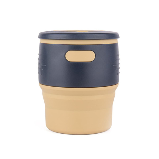 A drink bottle with a collapsible design in cream and navy, featuring a branded logo on the side.