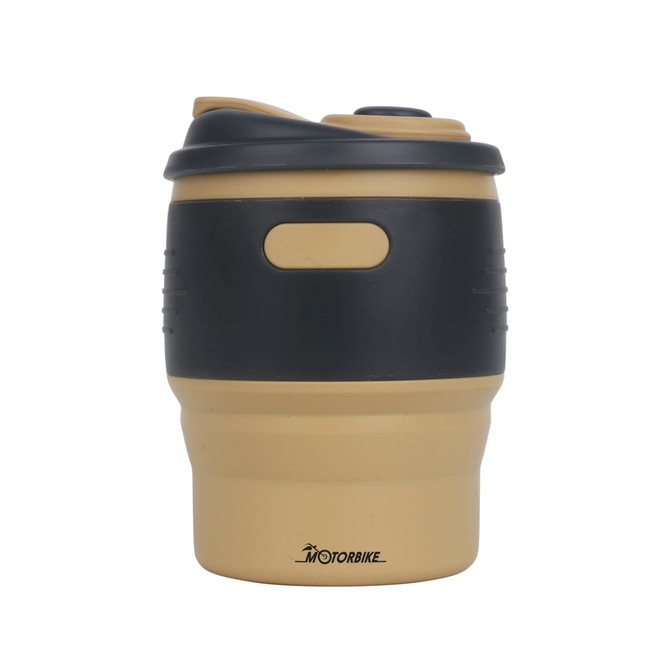 A drink bottle featuring a collapsible silicone design in beige and black, with a logo on the front.