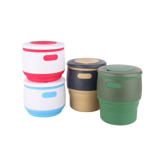A drink bottle featuring four collapsible silicone coffee cups in red, white, navy, olive green, and a beige colour. Each cup has a lid and a logo.