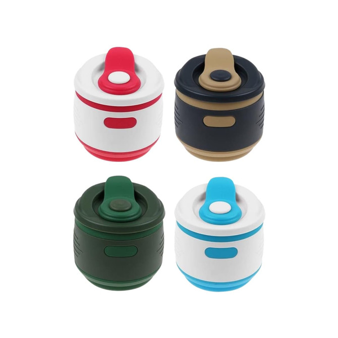 A drink bottle set featuring four 350ml collapsible silicone coffee cups in red, white, black, and green. Each has a lid.