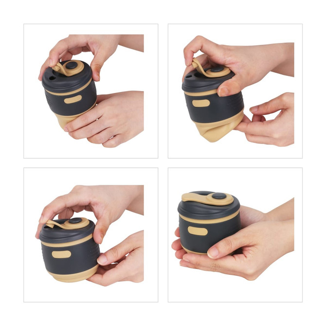 A collapsible silicone coffee cup in black and beige, being held and manipulated in four different positions.