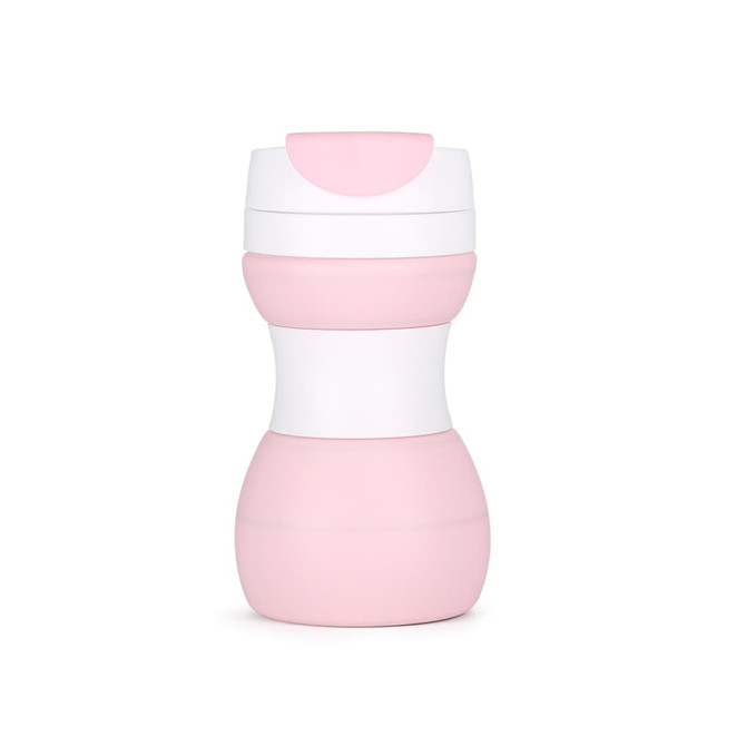 A drink bottle in pink and white, featuring a collapsible design for easy storage. It has a logo on the surface.