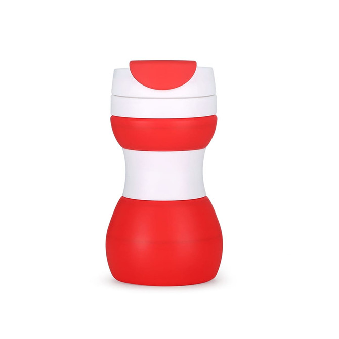 A drink bottle featuring a red and white design, made of collapsible silicone, suitable for travel.