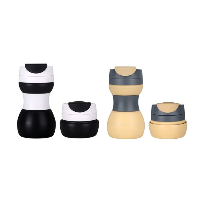 A drink bottle set featuring collapsible silicone coffee cups in black, white, grey, and cream colours, with logos.