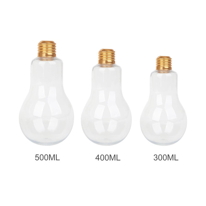 A drink bottle in a bulb shape, featuring a transparent design and a gold screw top, available in three sizes.