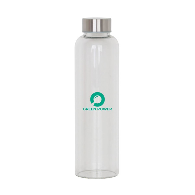 A drink bottle made of clear glass with a stainless steel lid and a green logo. Holds 550ml.