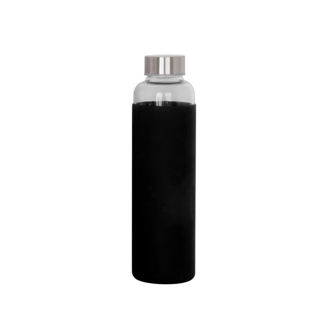 A drink bottle made of glass with a matte black silicone sleeve and stainless steel lid. Features a logo.