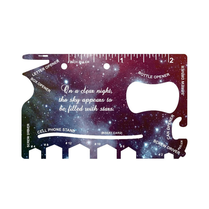 A card-sized multi-tool featuring various tool functions and a vibrant galaxy print design with a logo.