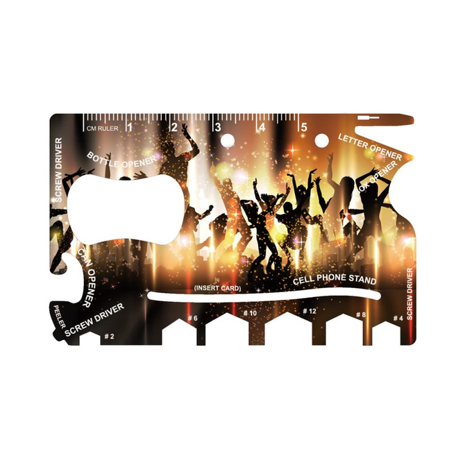 A card-sized multi-tool with a vibrant design featuring silhouettes of people celebrating, includes multiple functions and a logo.