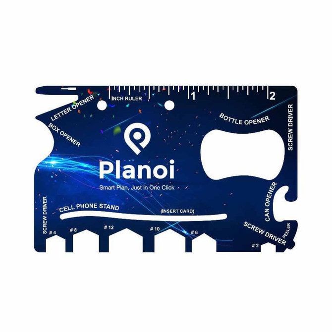 A card-sized multi-tool in blue featuring various tool functions, including a bottle opener, screwdrivers, and a cell phone stand.