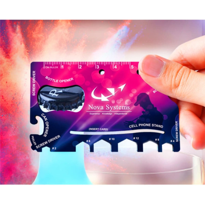 A multi-tool card in vibrant blue and pink featuring a bottle opener, screwdriver, and a phone stand. It has a logo.