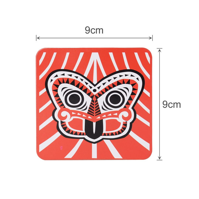 A vibrant orange cork coaster featuring a stylised black and white butterfly design, measuring 9cm x 9cm.