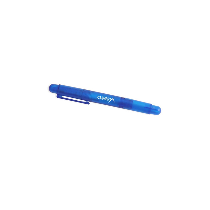 A blue pen with a transparent barrel, featuring a logo and a clip for attaching to items.