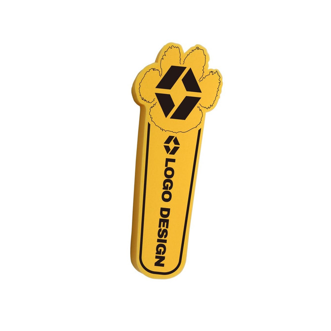 A yellow drink stick shaped like a paw, featuring a logo design on the side.