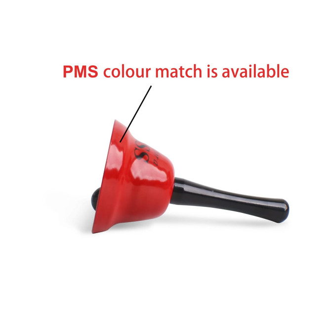 A red hand bell with a black handle, featuring a logo on its side.
