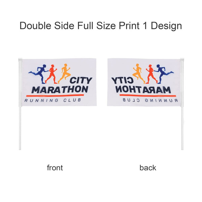 A rectangular cheering flag with a logo, featuring vibrant colours on both sides. Sticks included for display.