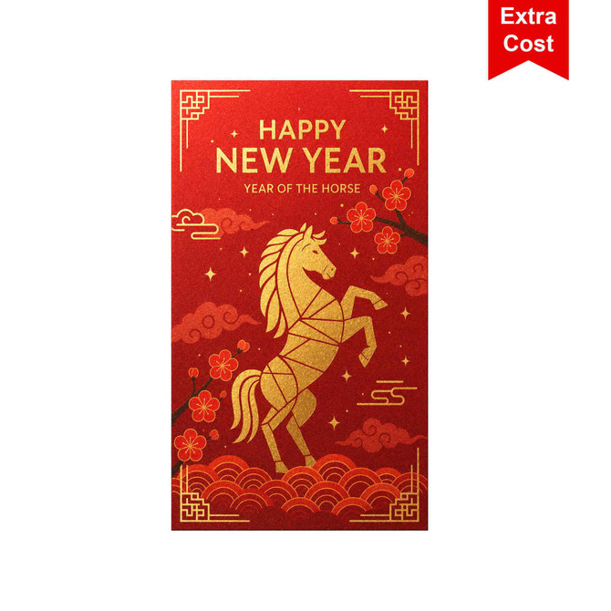 A red envelope featuring a golden horse illustration, with floral designs and decorative patterns for the Lunar New Year.