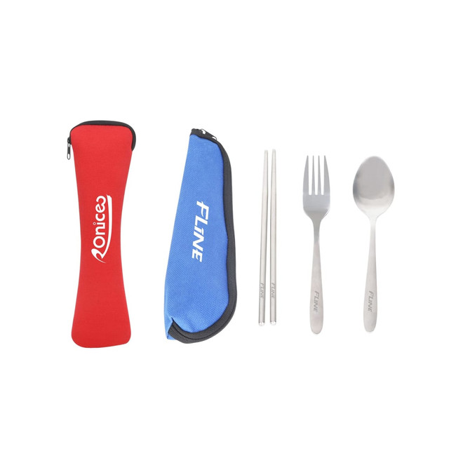 A red and blue utensil case containing stainless steel fork, spoon, chopsticks, and branding.