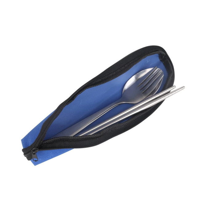 A blue zip pouch containing a stainless steel fork, spoon, and chopsticks set.
