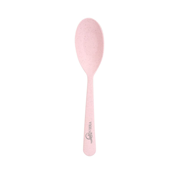 A light pink spoon from a portable utensils set, featuring a logo and a smooth, ergonomic design.
