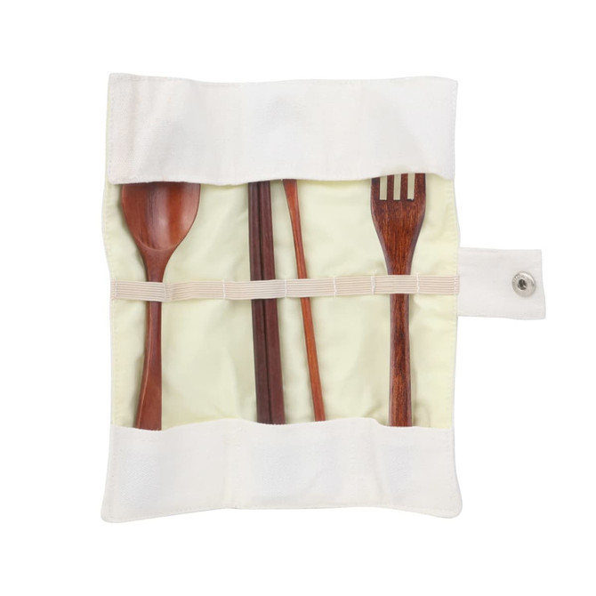 A wooden utensil set featuring a spoon, fork, and chopsticks, neatly stored in a cream-coloured case with a logo.