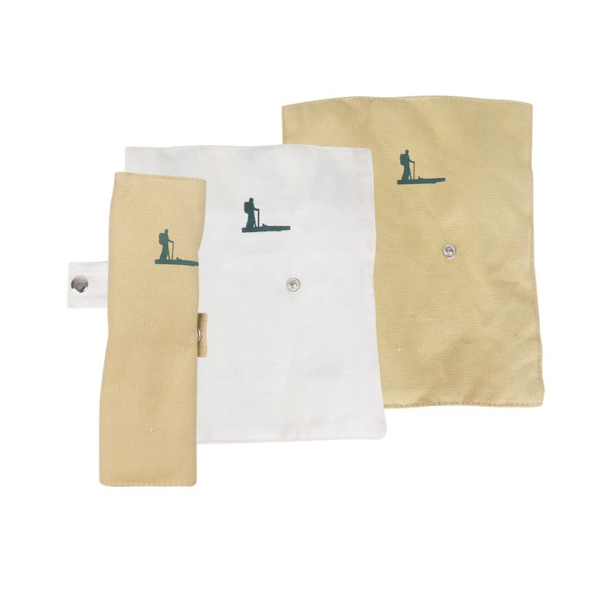 A set of three fabric pouches in beige and white, featuring a logo on each pouch.