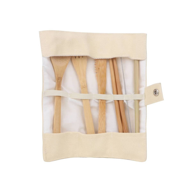 A bamboo cutlery set containing six pieces, displayed in a cream-coloured carrying case. The set includes a fork, knife, and spoon.