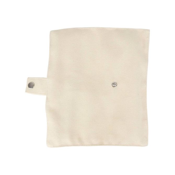 A beige pouch with a snap closure, designed to hold cutlery pieces. It features a subtle textured fabric.
