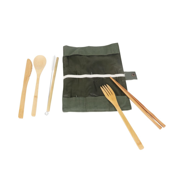 A bamboo cutlery set featuring a knife, spoon, fork, chopsticks, and a straw, contained in a green holder.