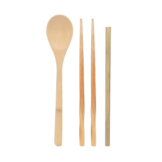 A bamboo cutlery set featuring a spoon, two chopsticks, and a straw, all in natural tones. Includes branding.