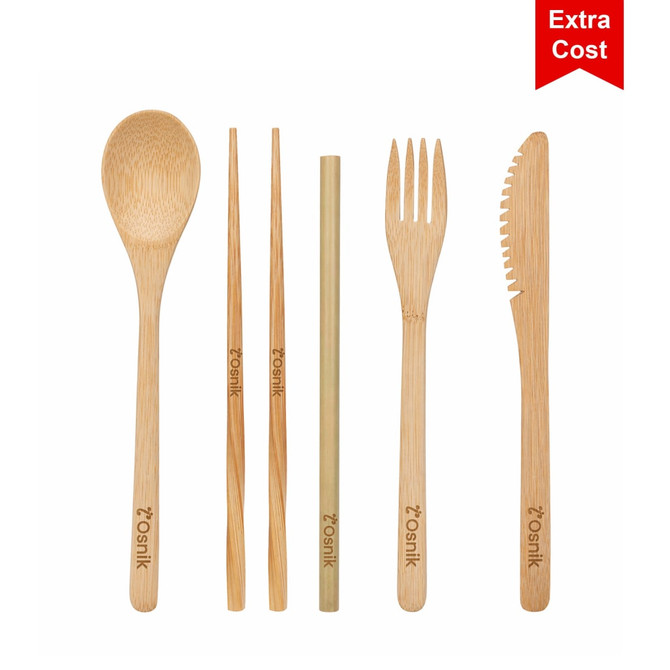 A bamboo cutlery set featuring six pieces: a spoon, fork, knife, chopsticks, and a straw, all with a natural finish.