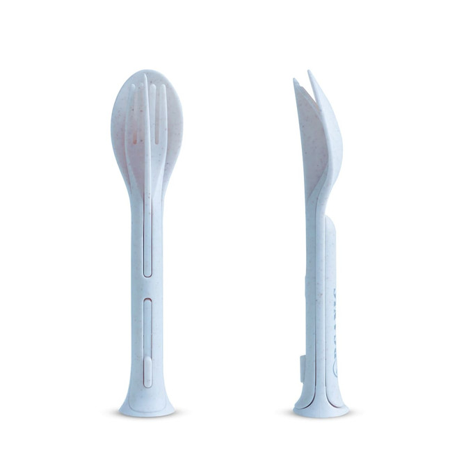 A light blue 3-in-1 portable utensils set featuring a fork, spoon, and knife combined into one design.