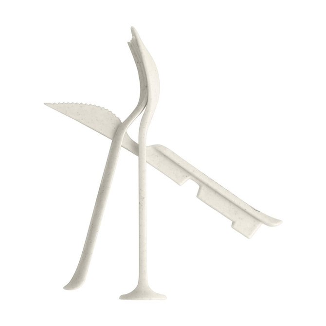 A 3-in-1 portable utensils set in white, featuring a knife, fork, and spoon design. It includes a logo.