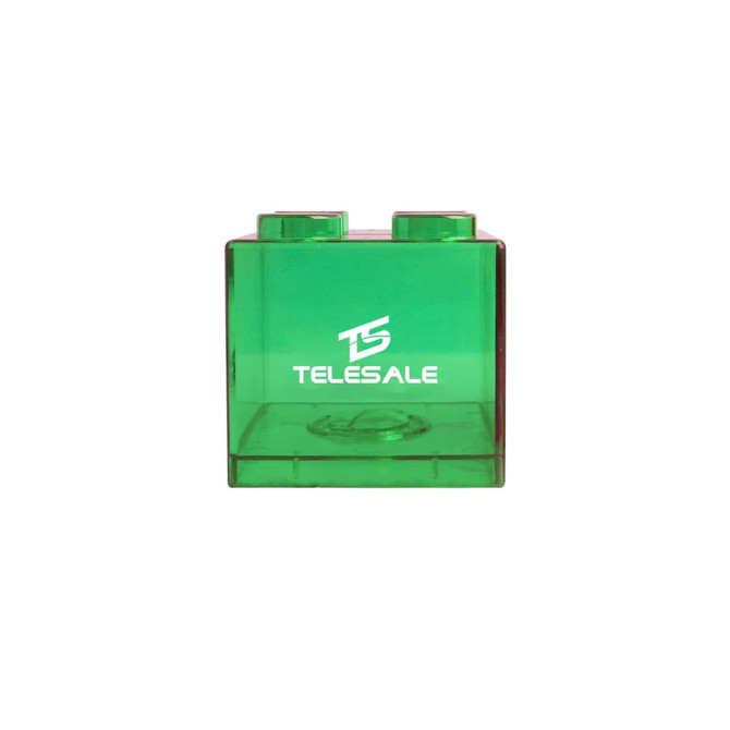 A green square block coin bank with a logo, resembling a classic building block design.