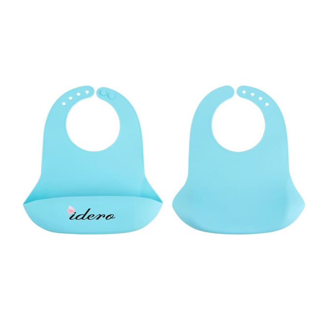 A light blue silicone bib with a snap closure and a pocket for catching food. It features a logo.