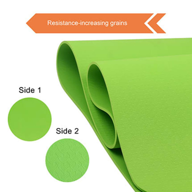 A green premium TPE yoga mat featuring two unique textured sides and a logo, showcasing its resistance-increasing design.