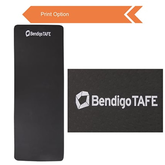 A black premium TPE yoga mat featuring a logo, with a textured surface for grip.