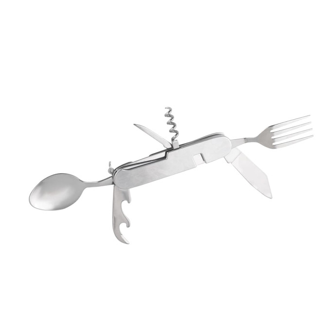 A stainless steel camping cutlery tool featuring a spoon, fork, knife, bottle opener, and corkscrew, with a compact design.