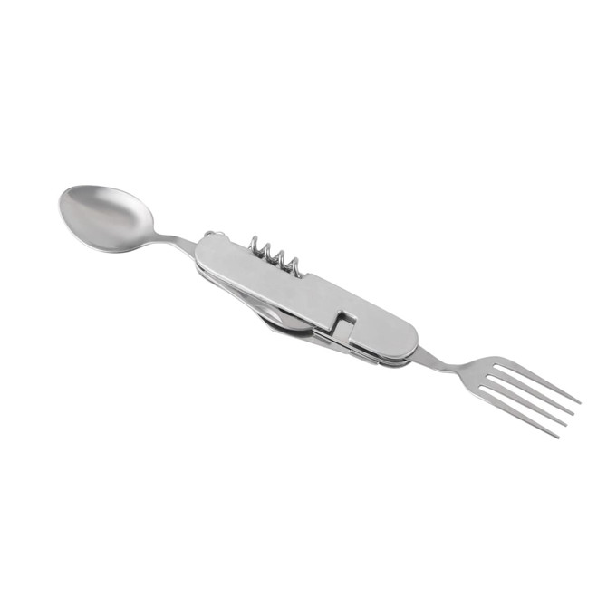 A stainless steel camping cutlery tool featuring a spoon, fork, and bottle opener, with a sleek, compact design.