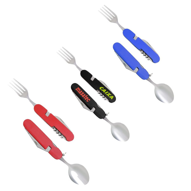 A camping cutlery tool with red, black, and blue handles, featuring a spoon, fork, and corkscrew. Includes branding.