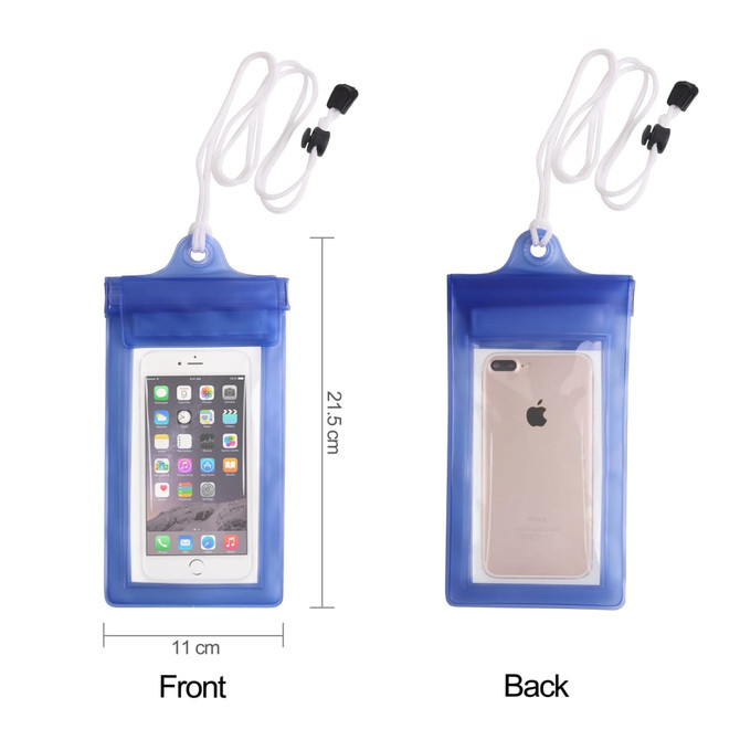 A waterproof phone bag in blue, featuring a neck string, showing both front and back views with an inserted phone.