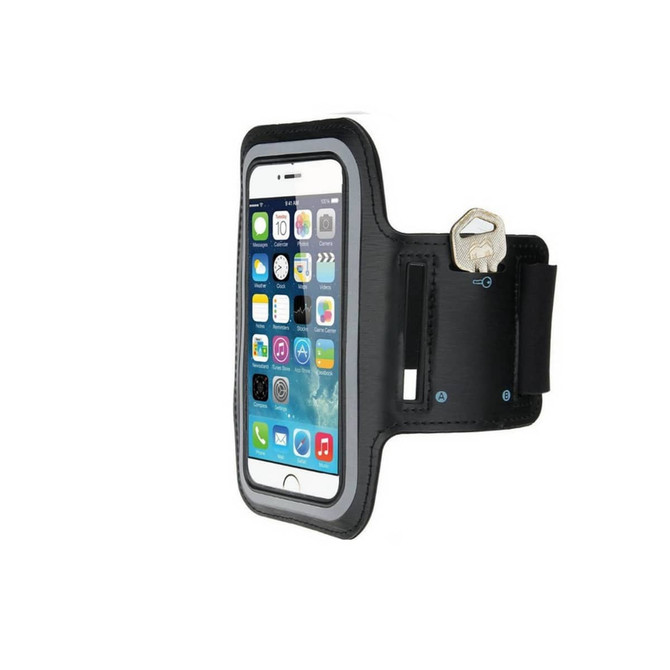 A black cell phone arm band with a transparent front pocket for a mobile device and a small key holder on the side.
