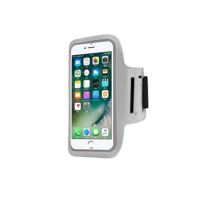 A grey cell phone arm band with a clear front, designed to hold a smartphone securely.
