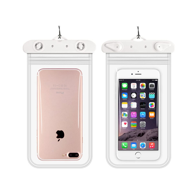 A waterproof mobile pouch in clear material, featuring a white top and holding a mobile phone on both sides.