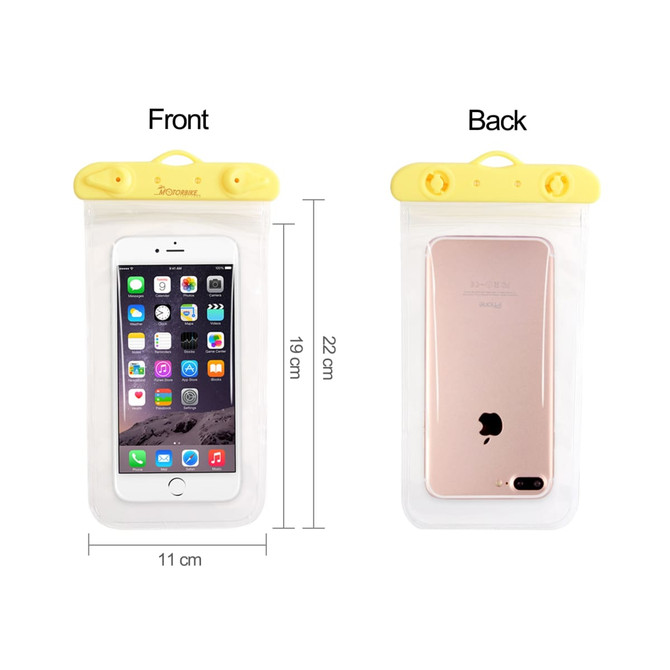 A yellow waterproof mobile pouch holding a smartphone, displaying both the front and back views.