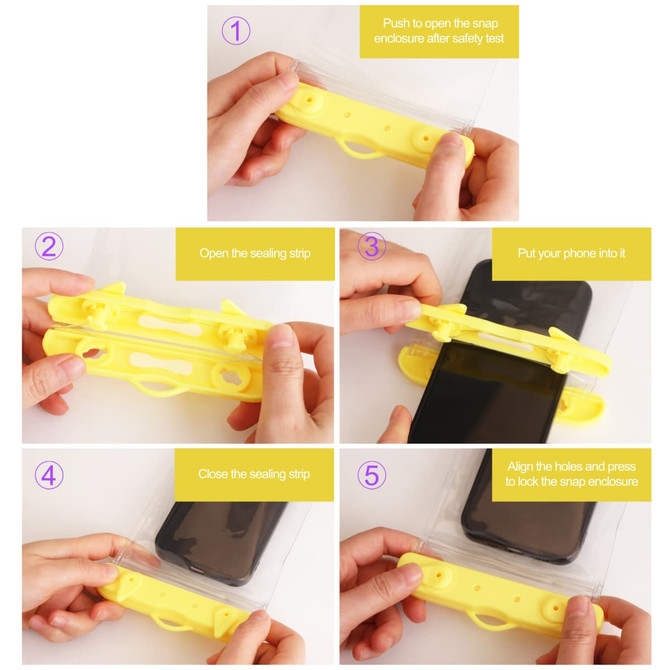 A yellow waterproof mobile pouch with hands demonstrating its opening, sealing, and phone insertion process.